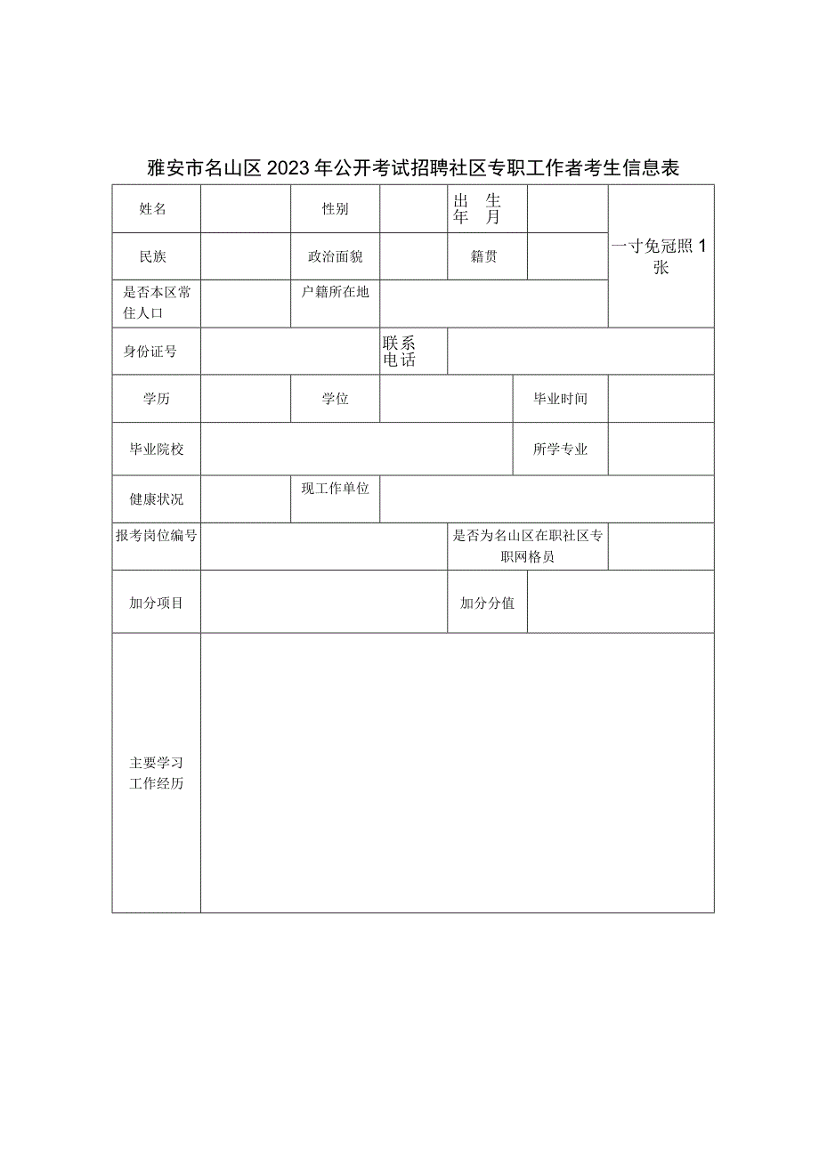 雅安市名山区2023年公开考试招聘社区专职工作者考生信息表.docx_第1页