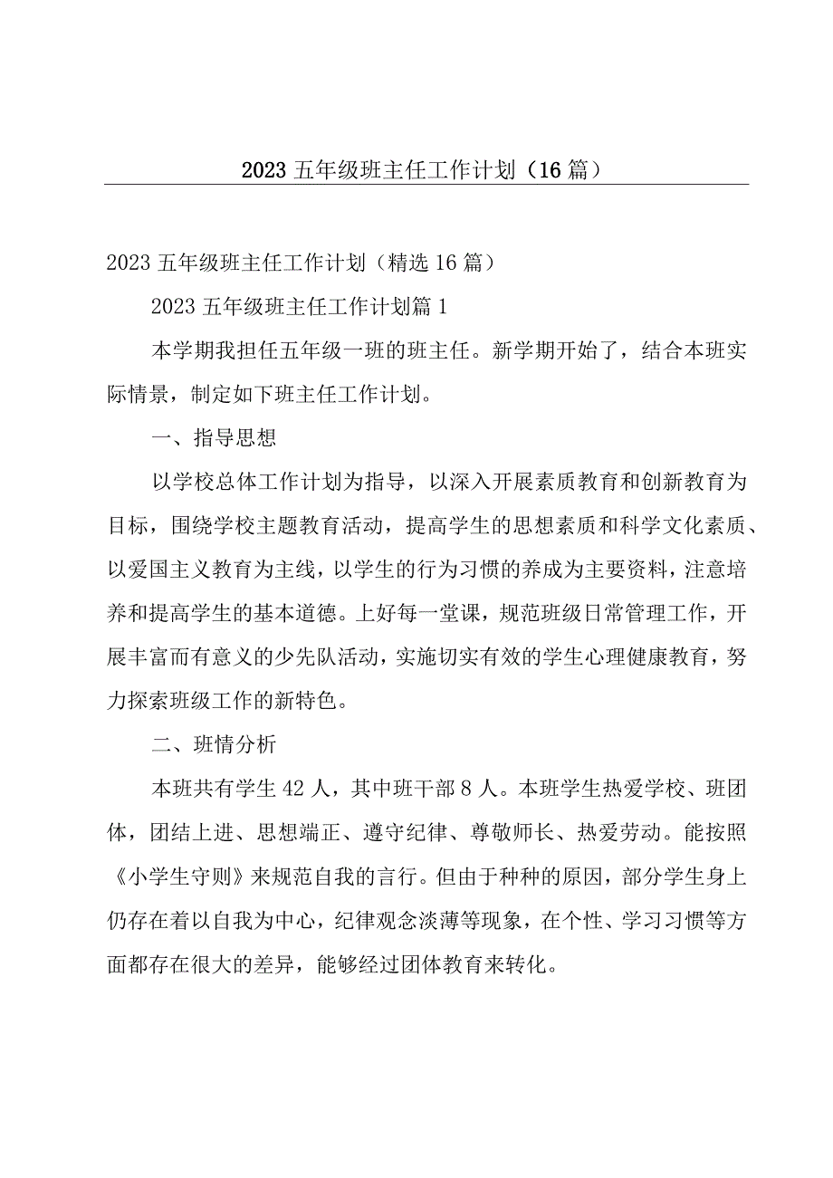 2023五年级班主任工作计划（16篇）.docx_第1页