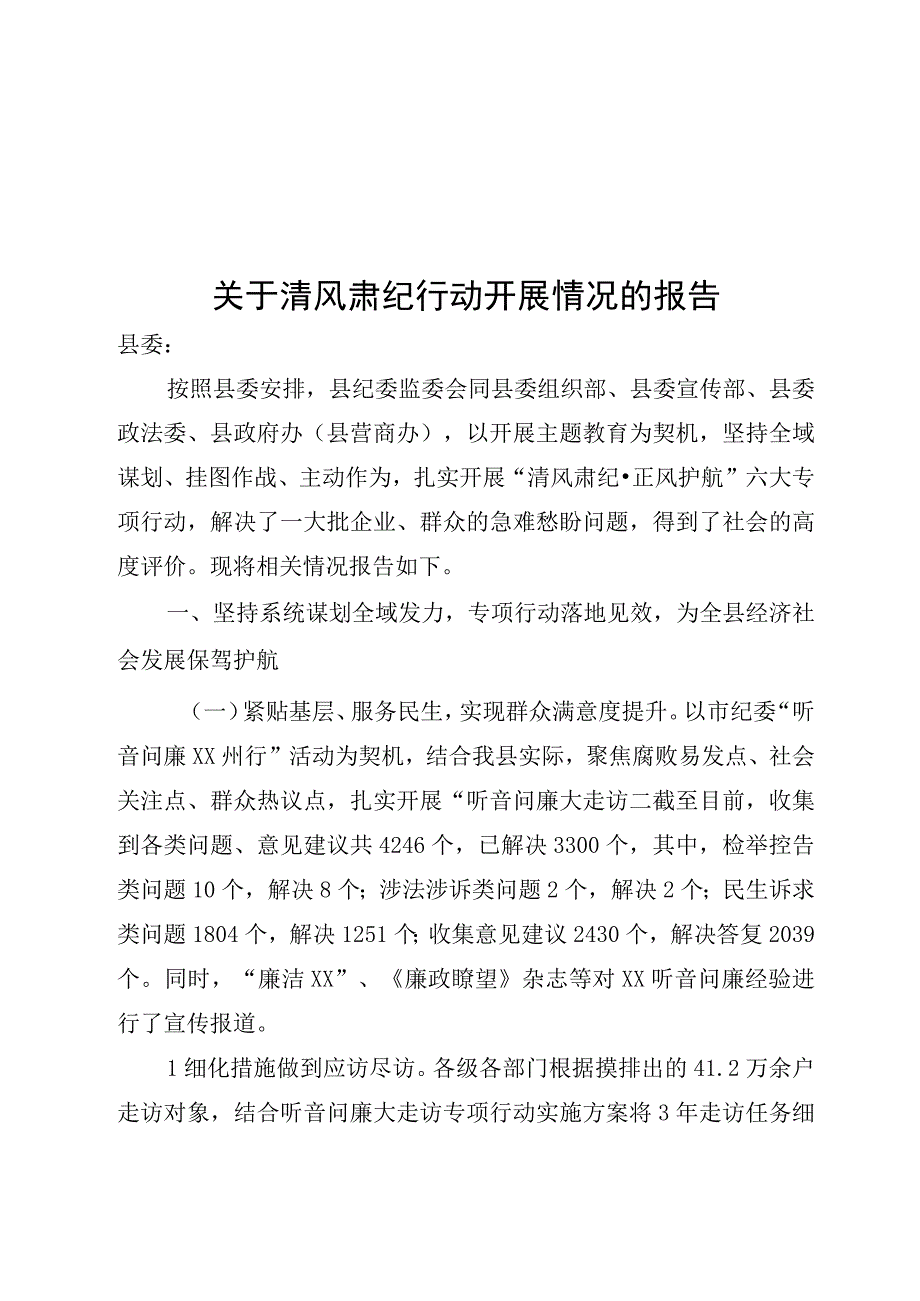 关于清风肃纪专项行动报告.docx_第1页