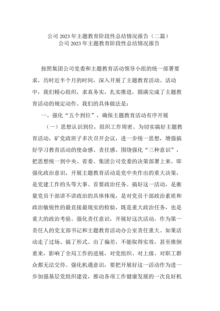 公司2023年主题教育阶段性总结情况报告(二篇).docx_第1页