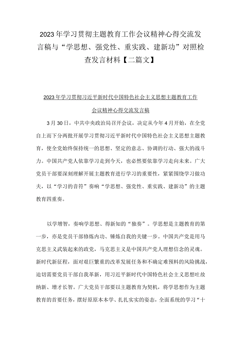 2023年学习贯彻主题教育工作会议精神心得交流发言稿与“学思想、强党性、重实践、建新功”对照检查发言材料【二篇文】.docx_第1页