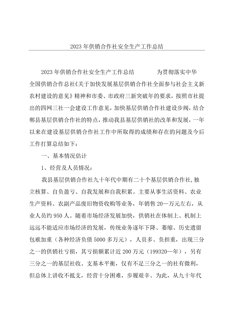 2023年供销合作社安全生产工作总结.docx_第1页