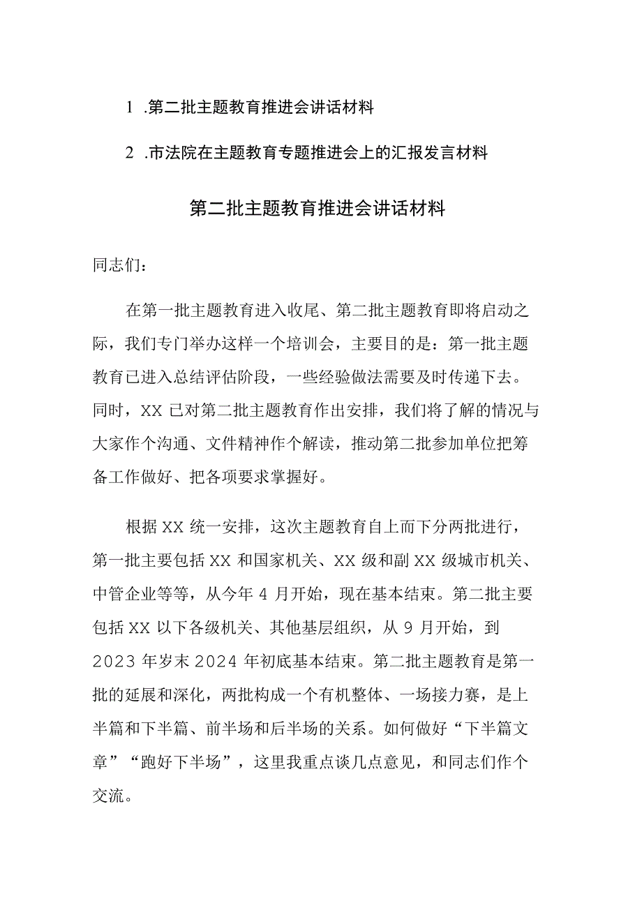 2023年主题教育专题推进会上的讲话发言材料范文2篇.docx_第1页