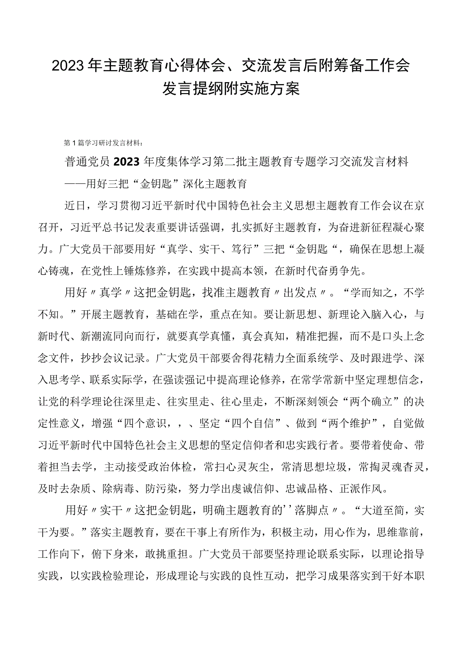 2023年主题教育心得体会、交流发言后附筹备工作会发言提纲附实施方案.docx_第1页