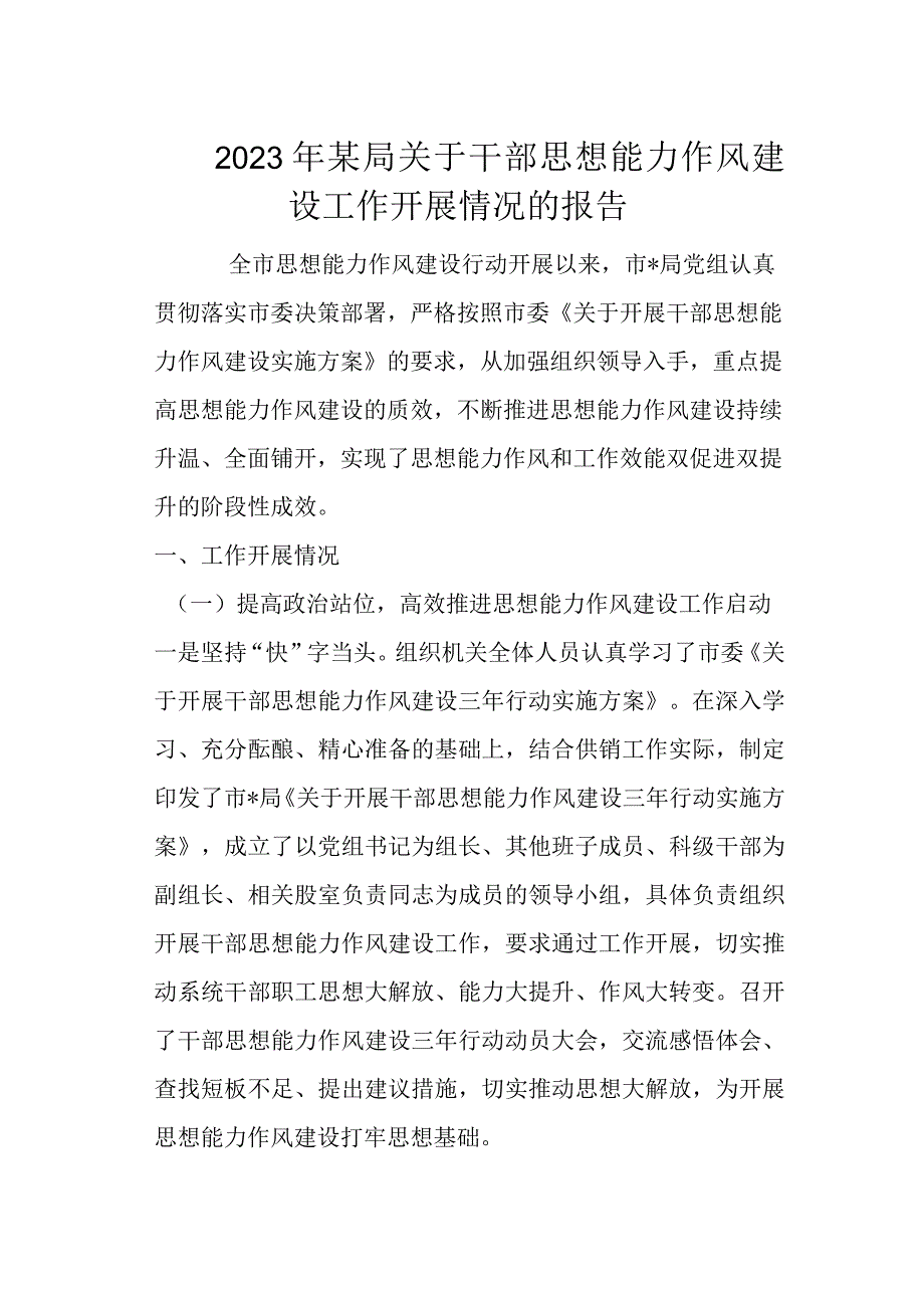 2023年某局关于干部思想能力作风建设工作开展情况的报告.docx_第1页