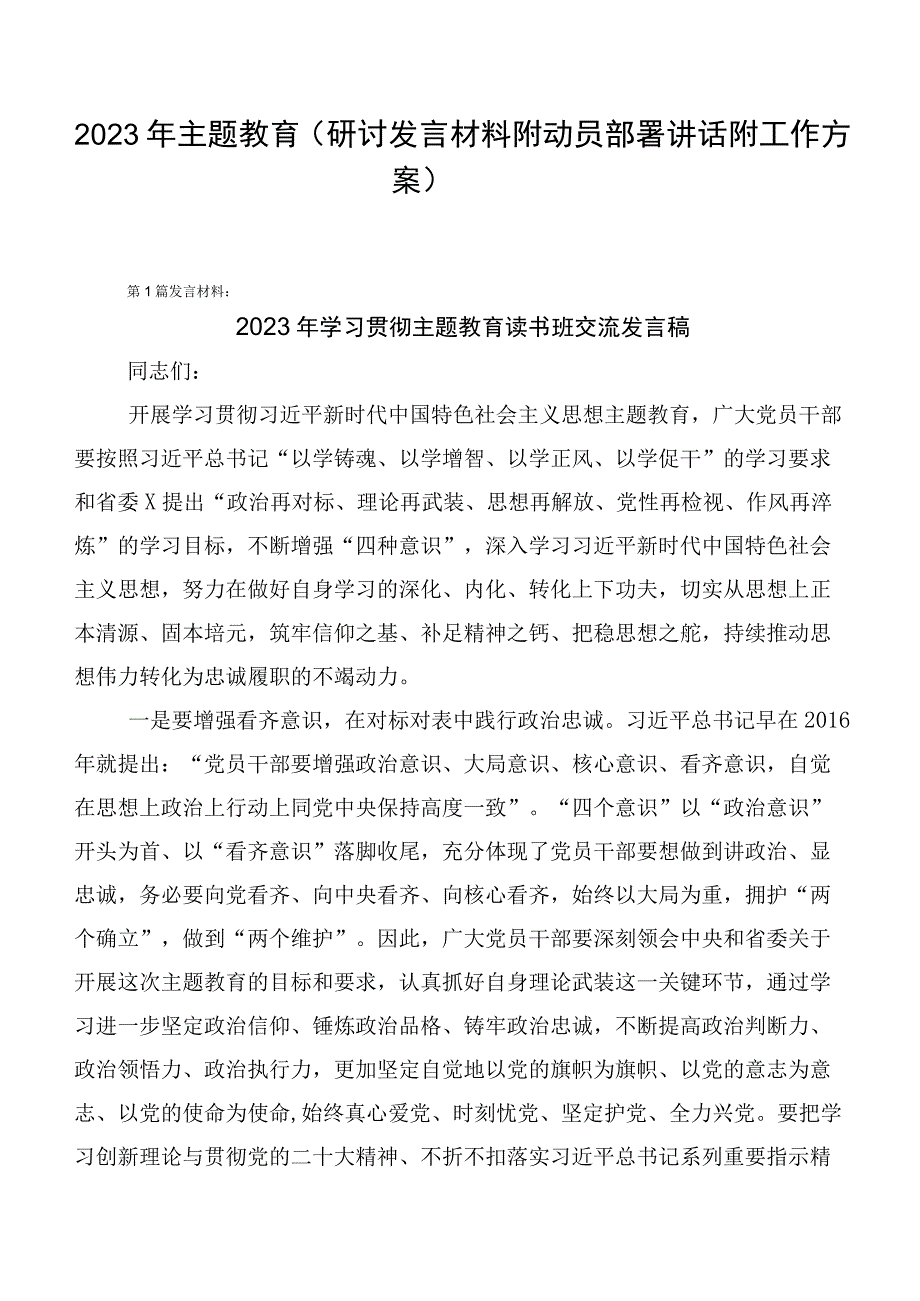 2023年主题教育（研讨发言材料附动员部署讲话附工作方案）.docx_第1页