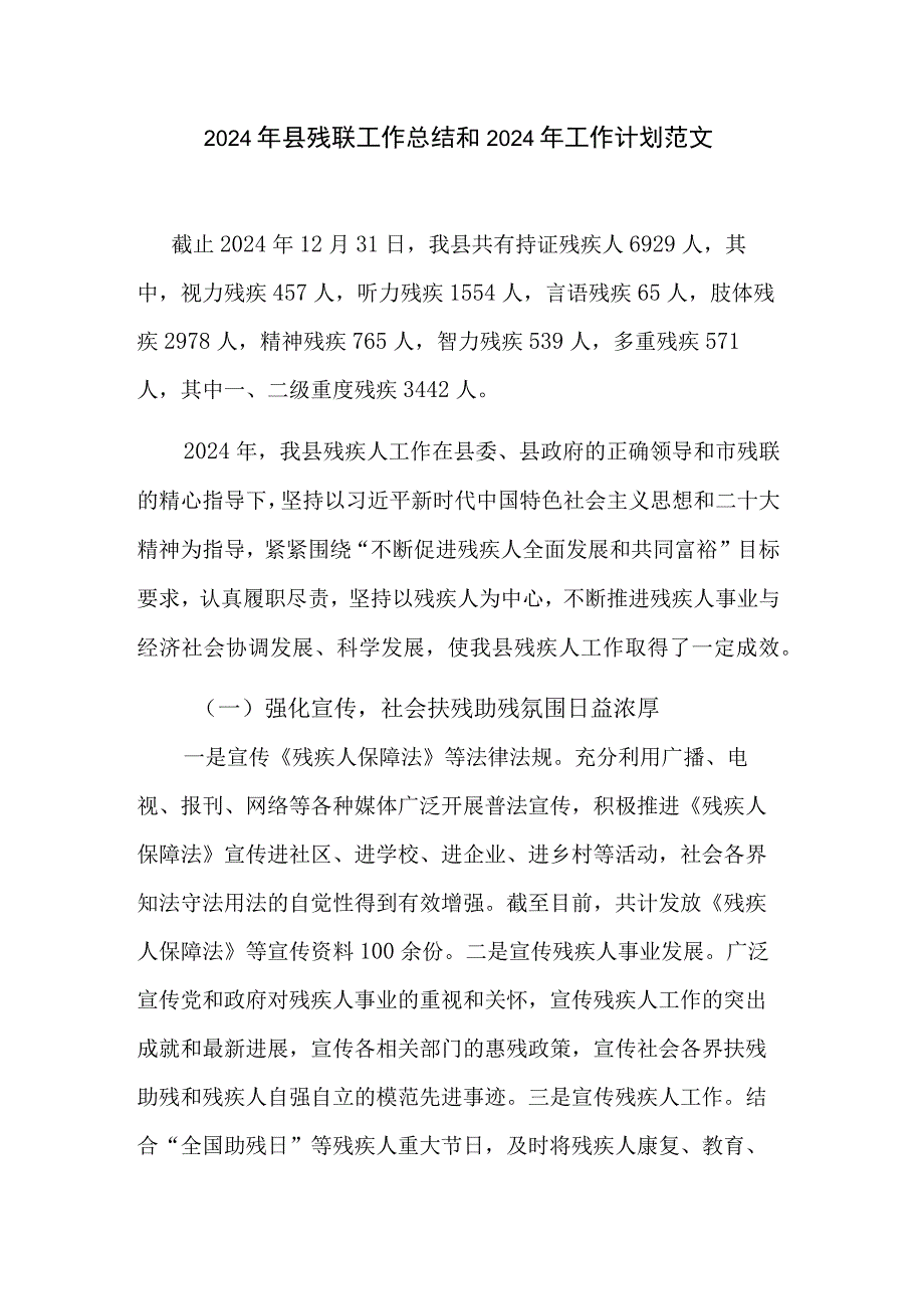 2024年县残联工作总结和2024年工作计划范文.docx_第1页