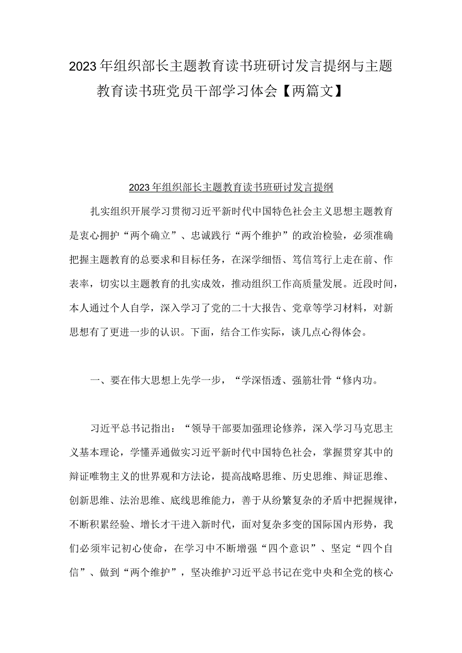 2023年组织部长主题教育读书班研讨发言提纲与主题教育读书班党员干部学习体会【两篇文】.docx_第1页