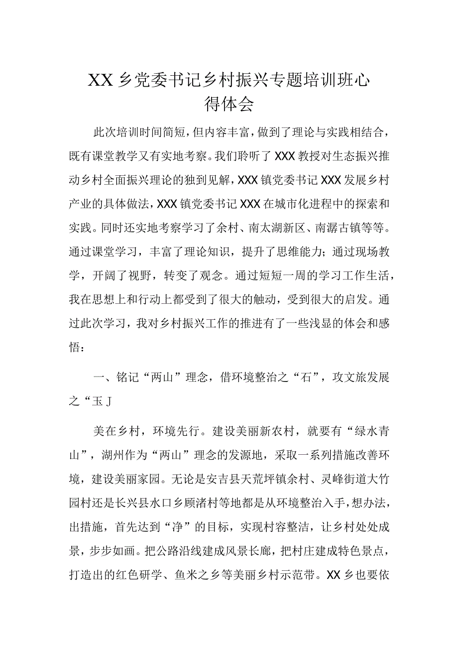 XX乡党委书记乡村振兴专题培训班心得体会.docx_第1页