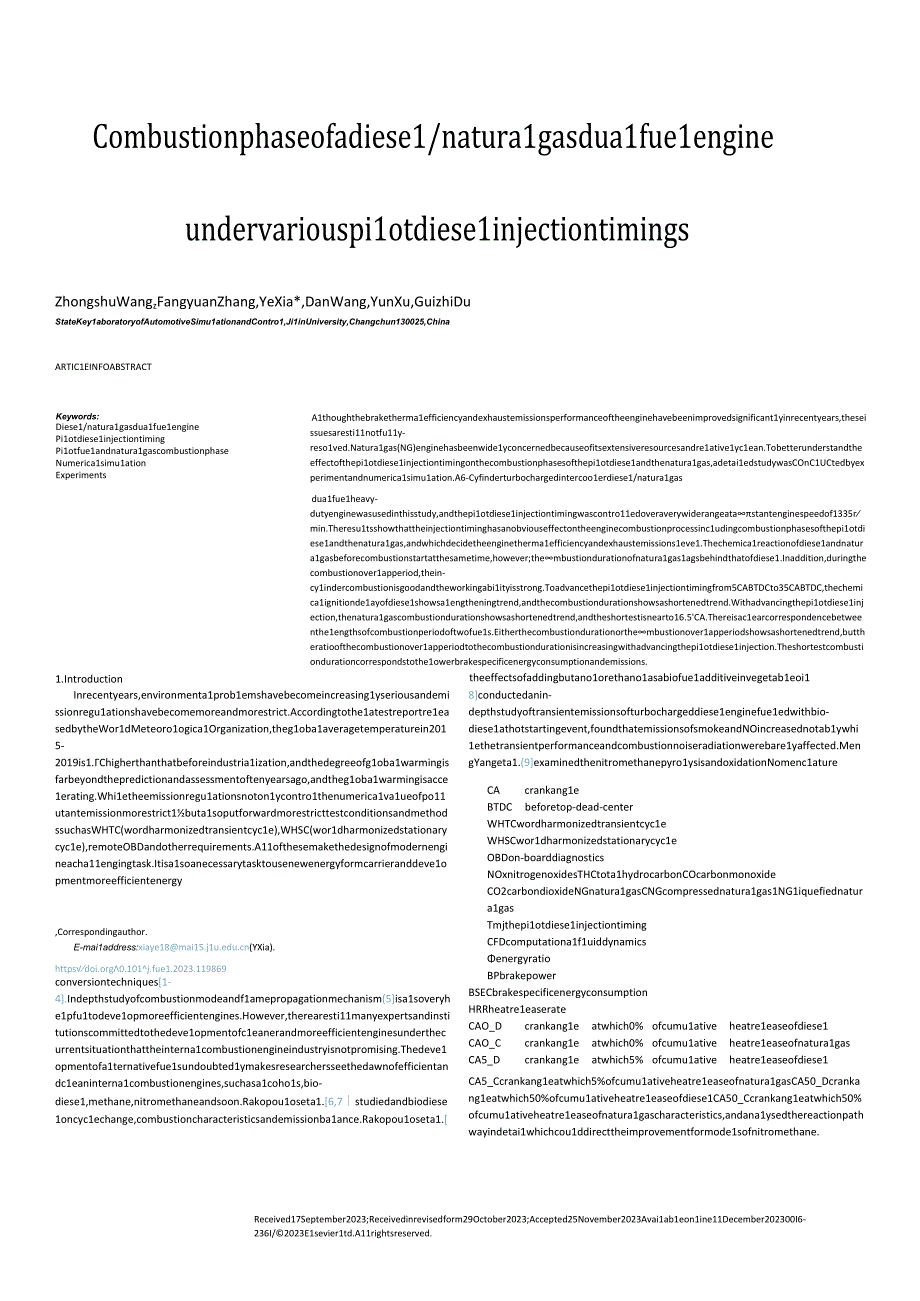 Combustion phase of a diesel／natural gas dual fuel engine under various pilot diesel injection timings.docx_第1页