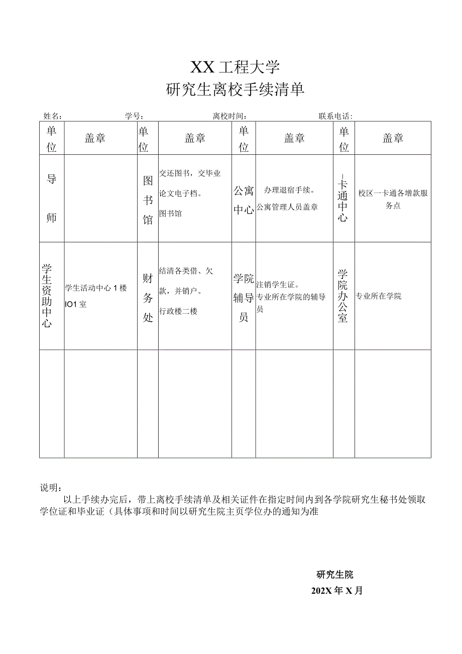 XX工程大学研究生离校手续清单.docx_第1页