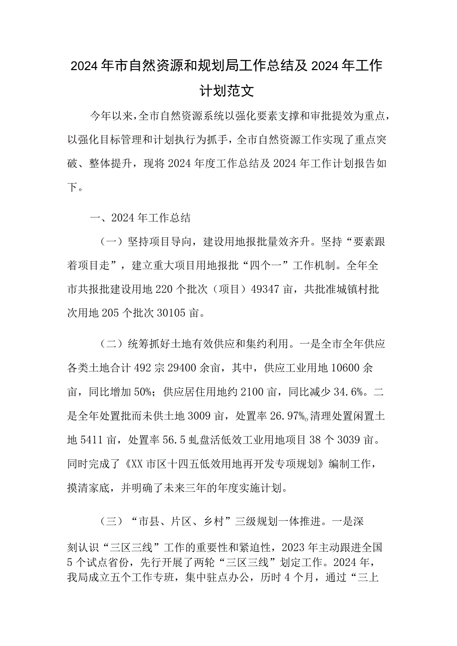 2024年市自然资源和规划局工作总结及2024年工作计划范文.docx_第1页