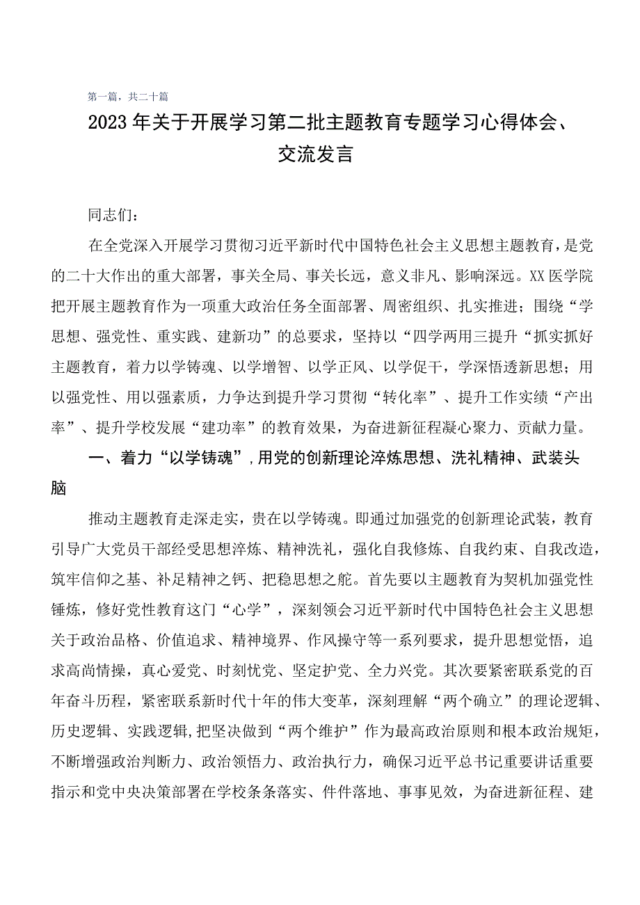 2023年第二批主题教育研讨交流发言材二十篇.docx_第1页