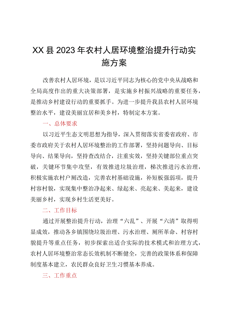 XX县2023年农村人居环境整治提升行动实施方案.docx_第1页