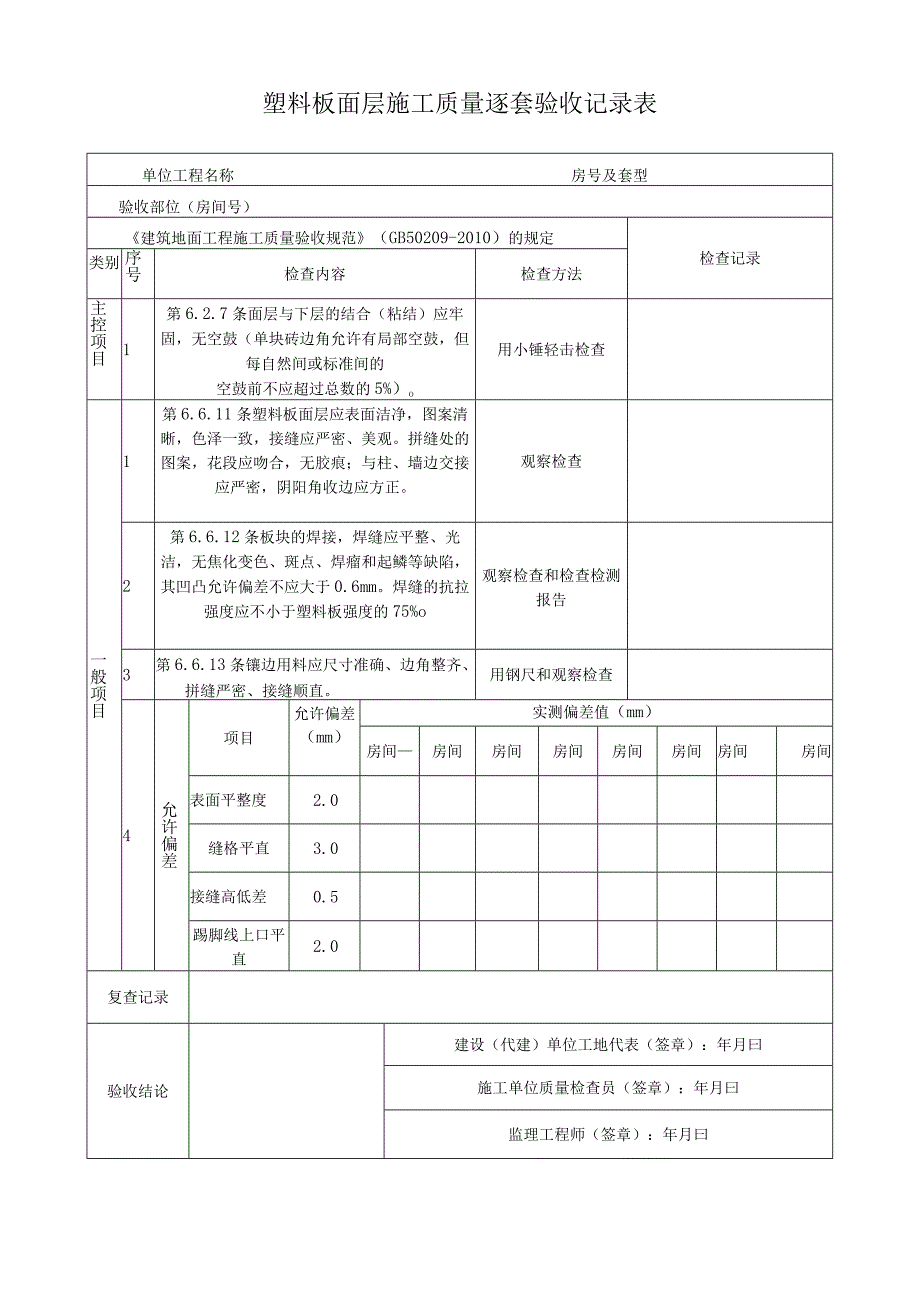 塑料板面层施工质量逐套验收记录表.docx_第1页