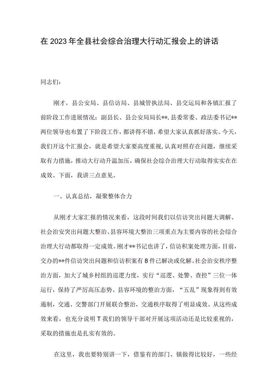 在2023年全县社会综合治理大行动汇报会上的讲话.docx_第1页