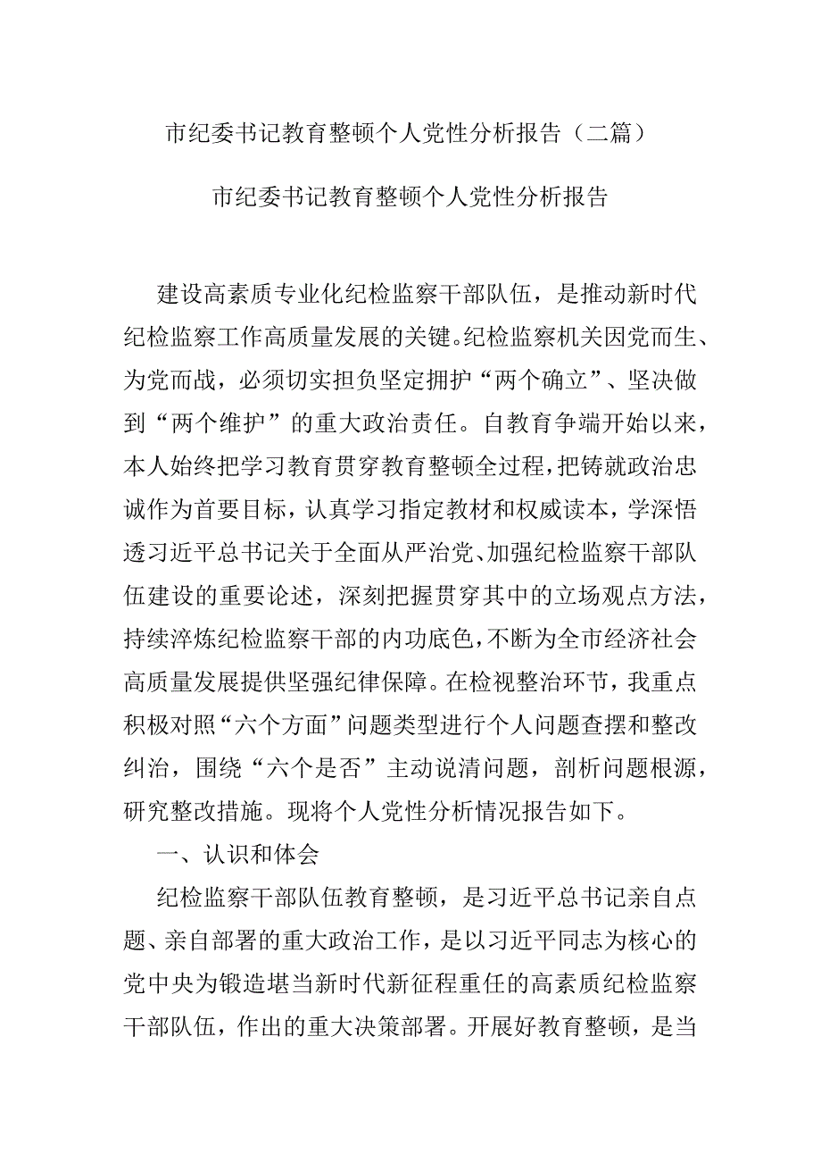 市纪委书记教育整顿个人党性分析报告(二篇).docx_第1页