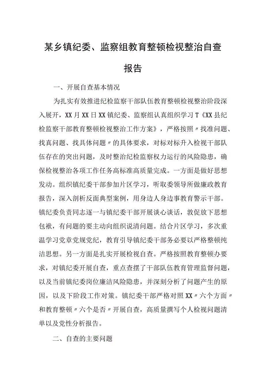 某乡镇纪委、监察组教育整顿检视整治自查报告.docx_第1页