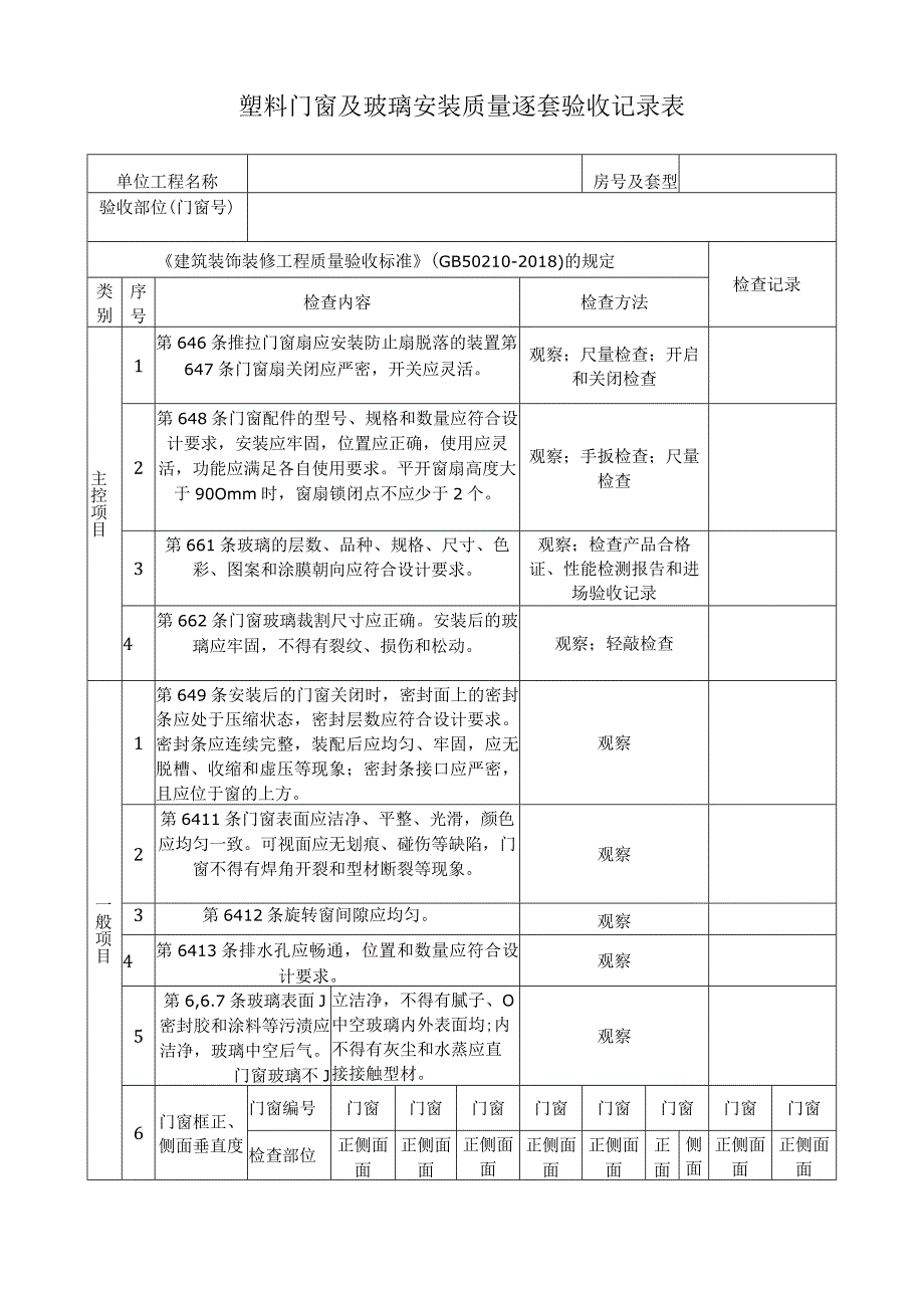 塑料门窗及玻璃安装质量逐套验收记录表.docx_第1页