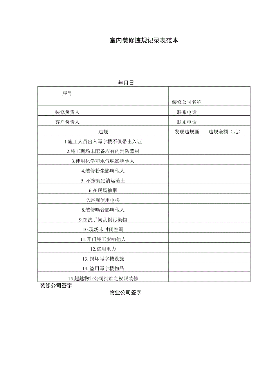 室内装修违规记录表范本.docx_第1页