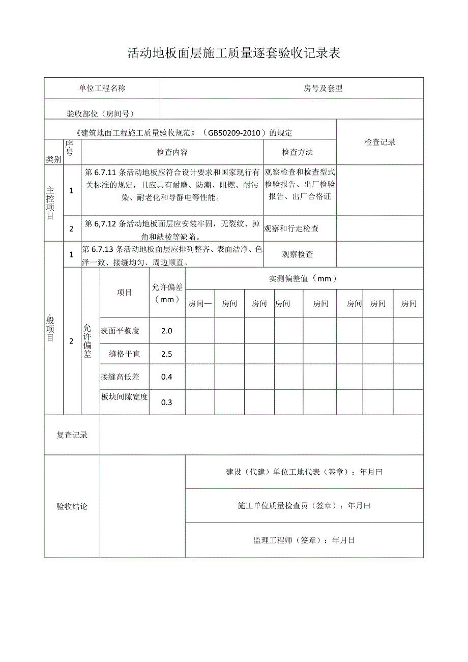 活动地板面层施工质量逐套验收记录表.docx_第1页