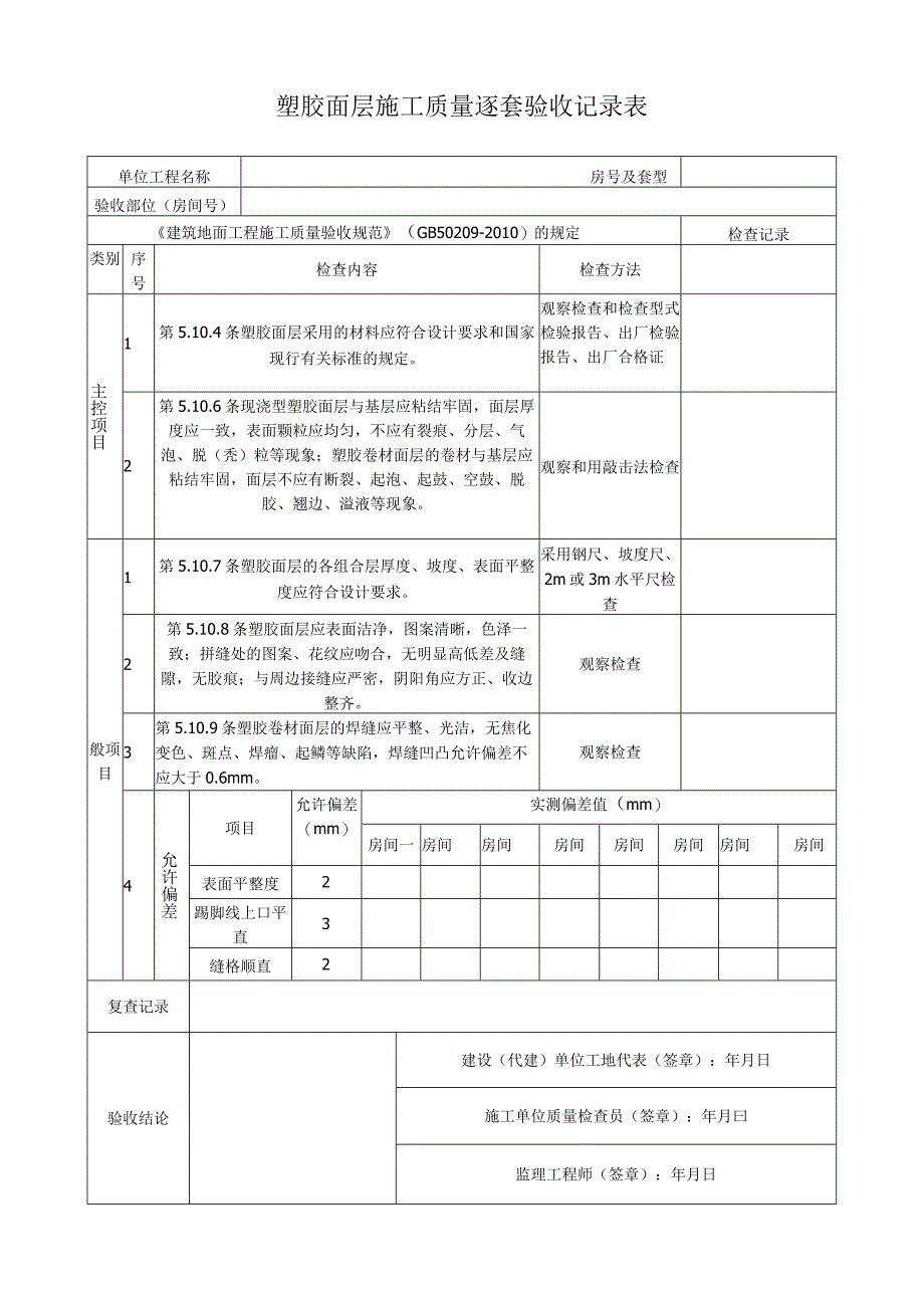 塑胶面层施工质量逐套验收记录表.docx_第1页