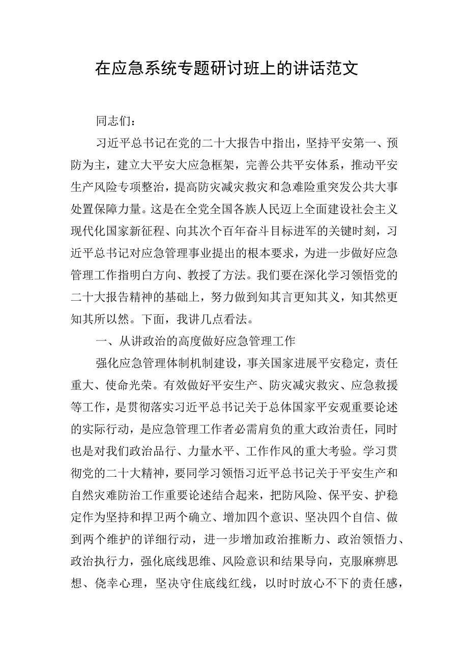 在应急系统专题研讨班上的讲话范文.docx_第1页