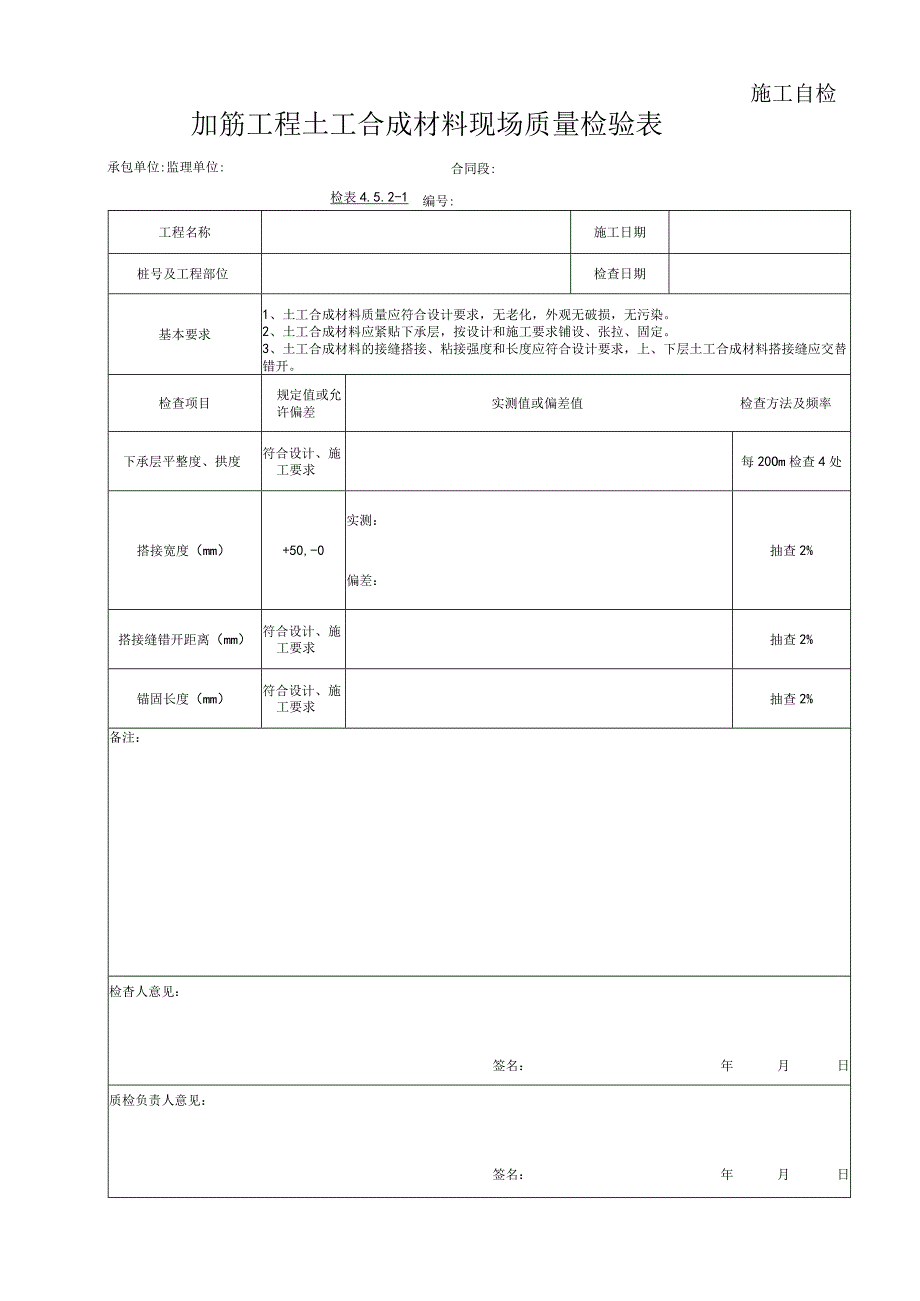 加筋土工合成材料现场质量检验表.docx_第1页