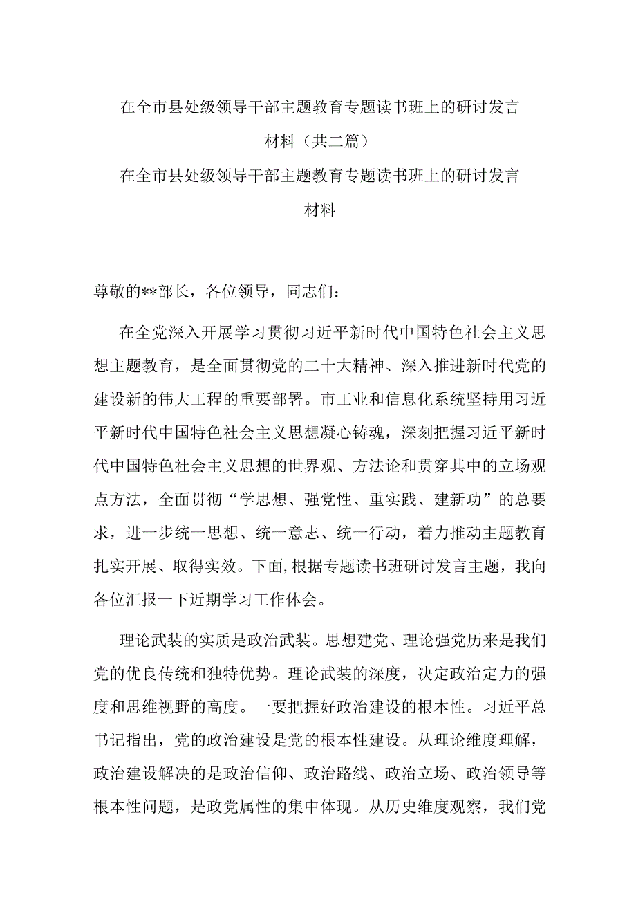 在全市县处级领导干部主题教育专题读书班上的研讨发言材料(共二篇).docx_第1页