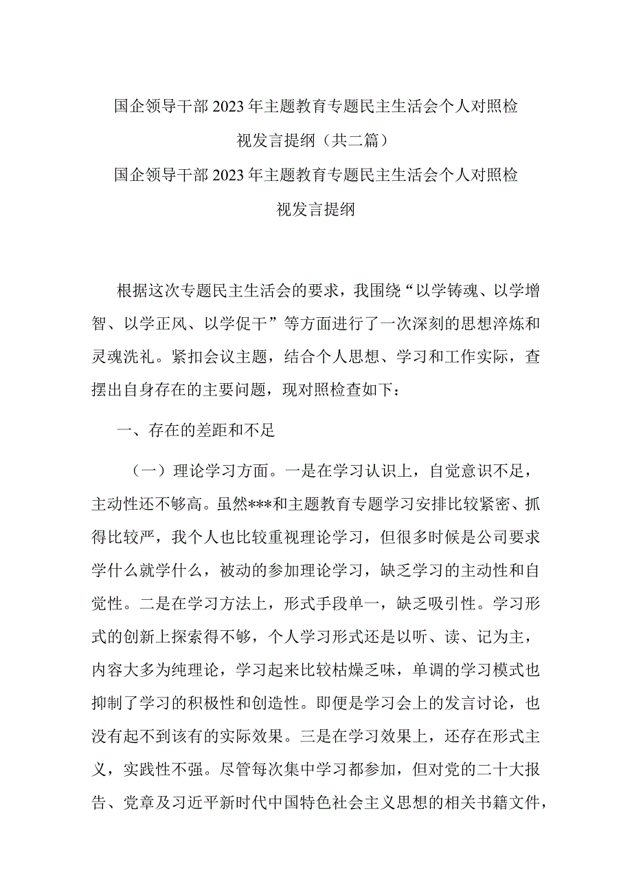 国企领导干部2023年主题教育专题民主生活会个人对照检视发言提纲(共二篇).docx_第1页