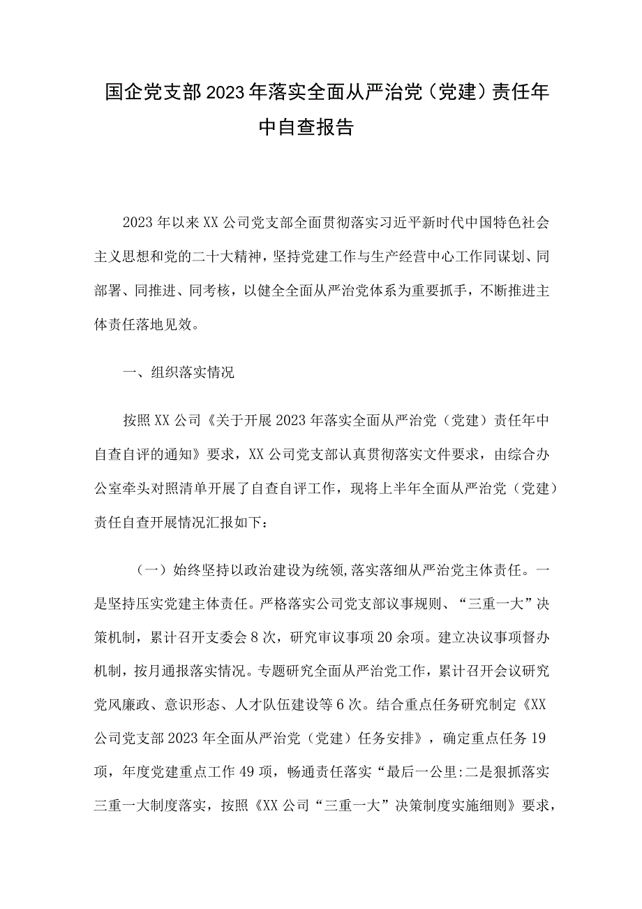 国企党支部2023年落实全面从严治党（党建）责任年中自查报告.docx_第1页