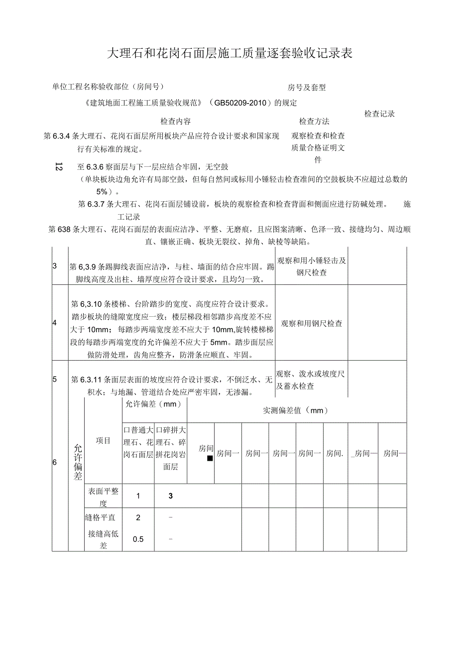 大理石和花岗石面层施工质量逐套验收记录表.docx_第1页