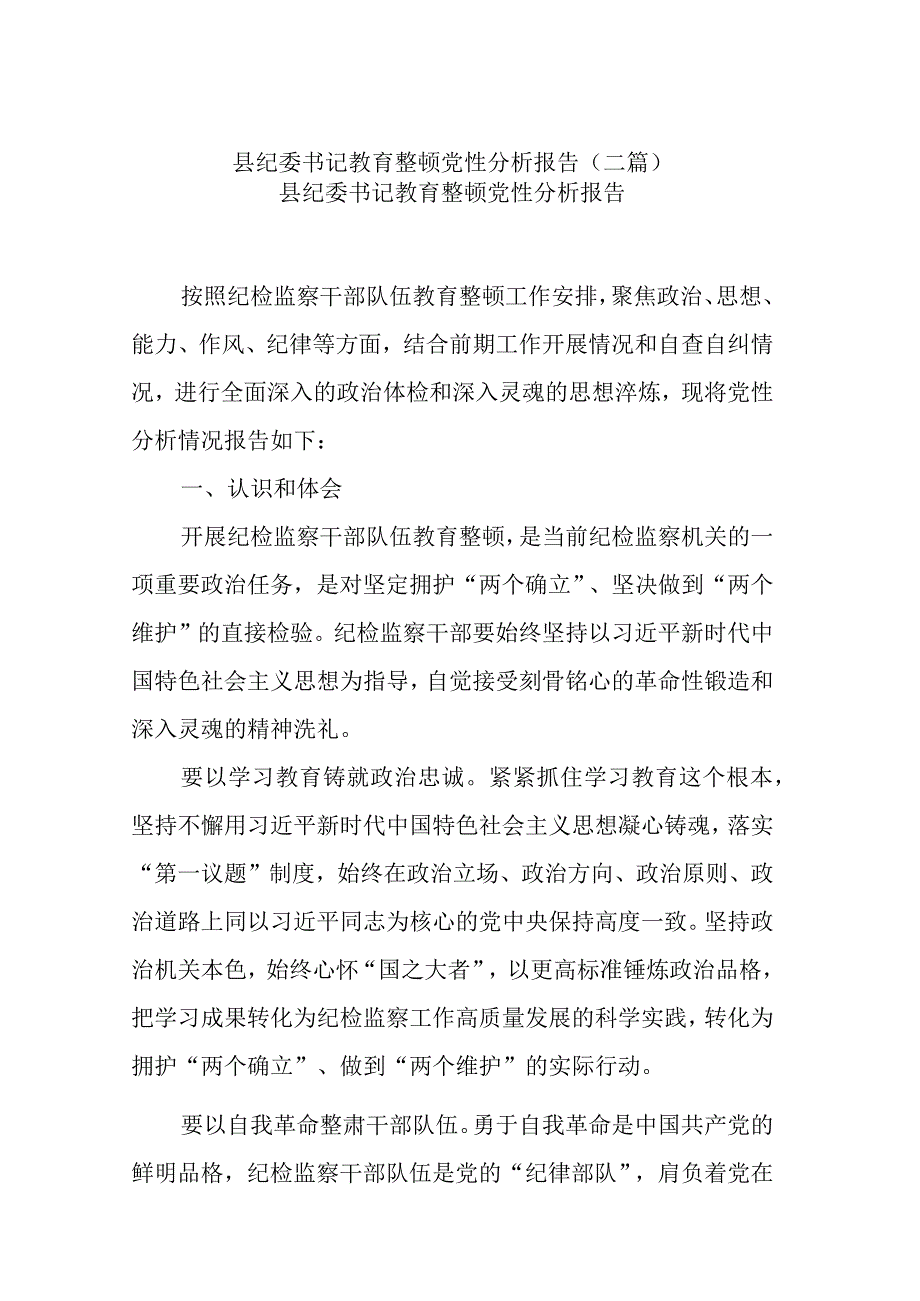 县纪委书记教育整顿党性分析报告(二篇).docx_第1页