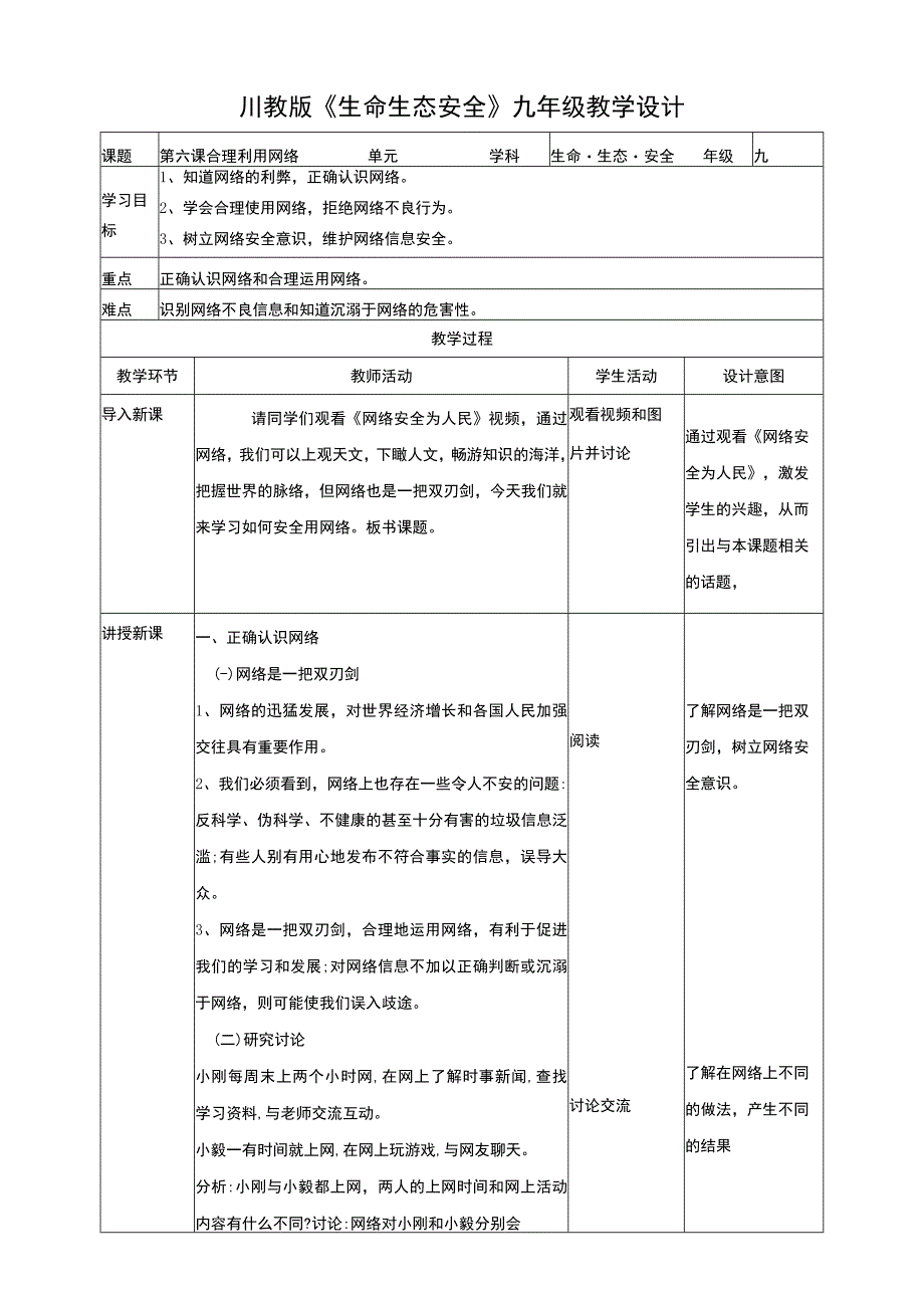 川教版《生命生态安全》九年级上册第六课 合理利用网络 教学设计.docx_第1页