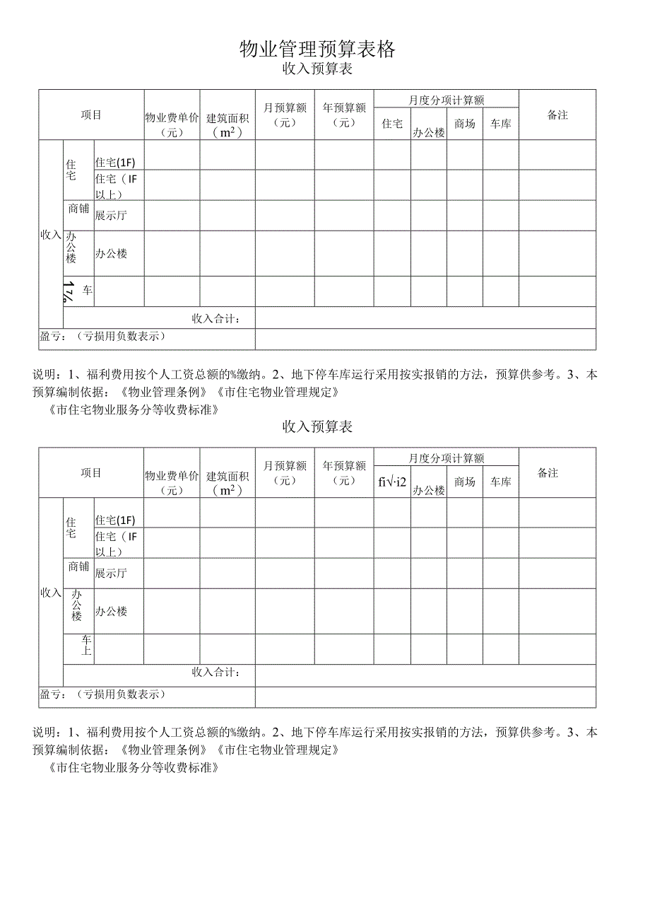 收入预算表(物业管理预算表格).docx_第1页