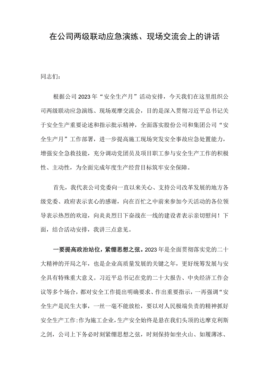 在公司两级联动应急演练、现场交流会上的讲话.docx_第1页