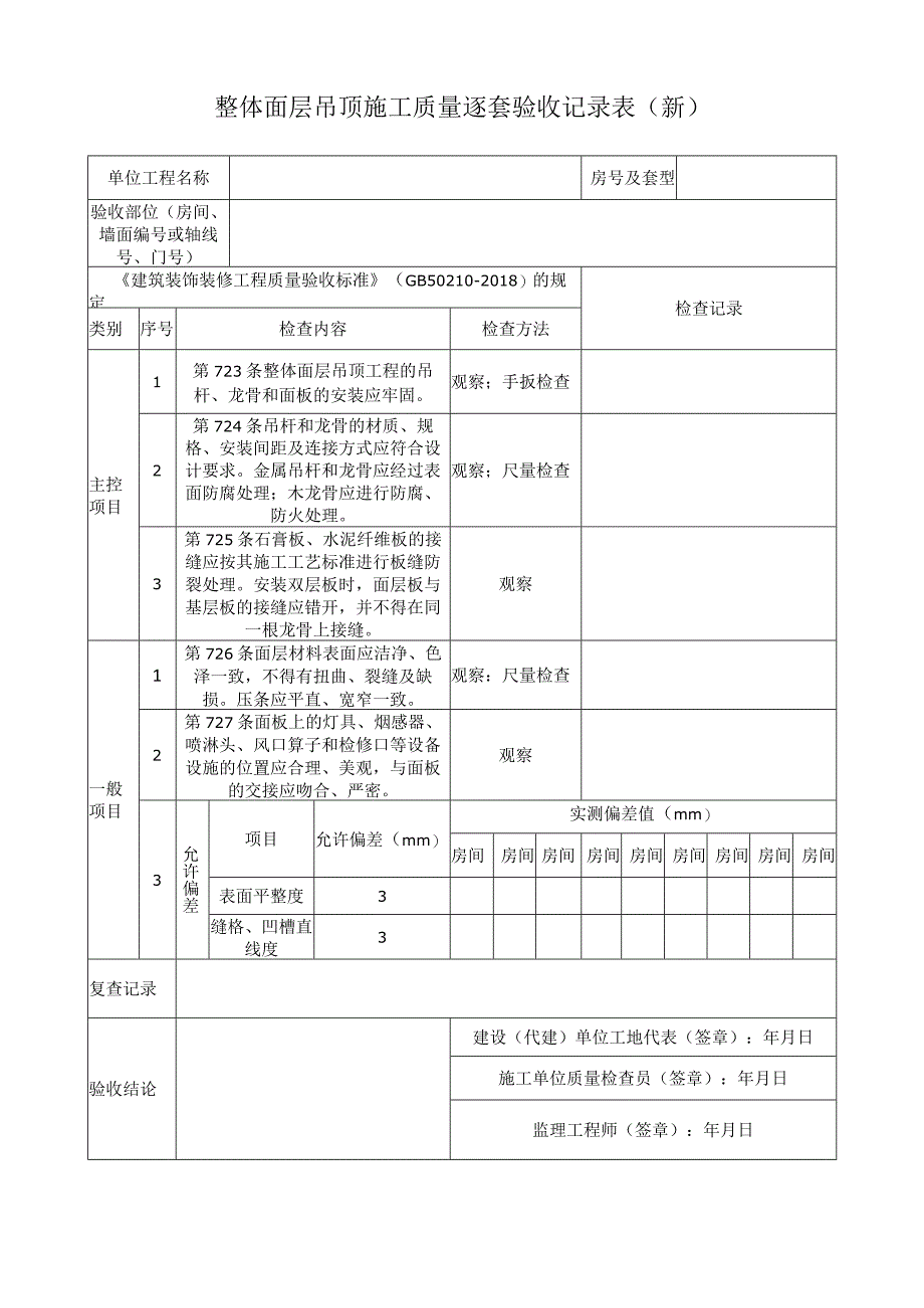 整体面层吊顶施工质量逐套验收记录表.docx_第1页