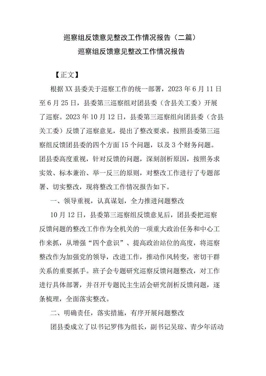 巡察组反馈意见整改工作情况报告(二篇).docx_第1页