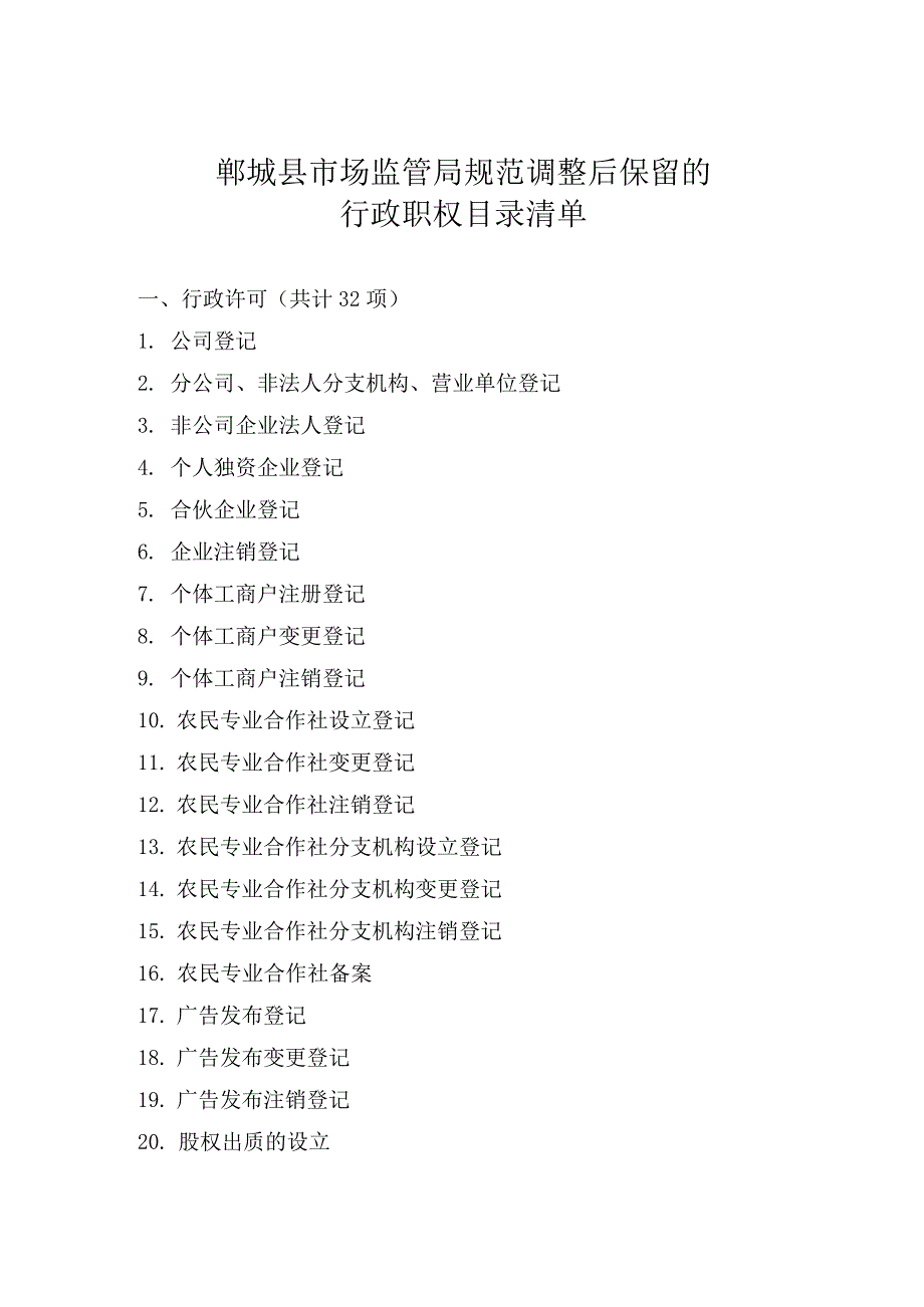 郸城县市场监管局规范调整后保留的行政职权目录清单.docx_第1页