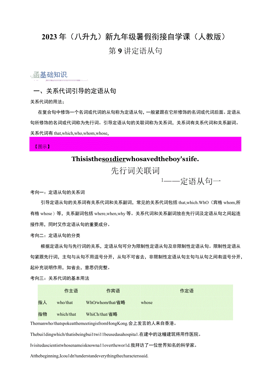 第9讲 定语从句（八升九）新九年级暑假衔接自学课（人教版）（带答案解析）.docx_第1页