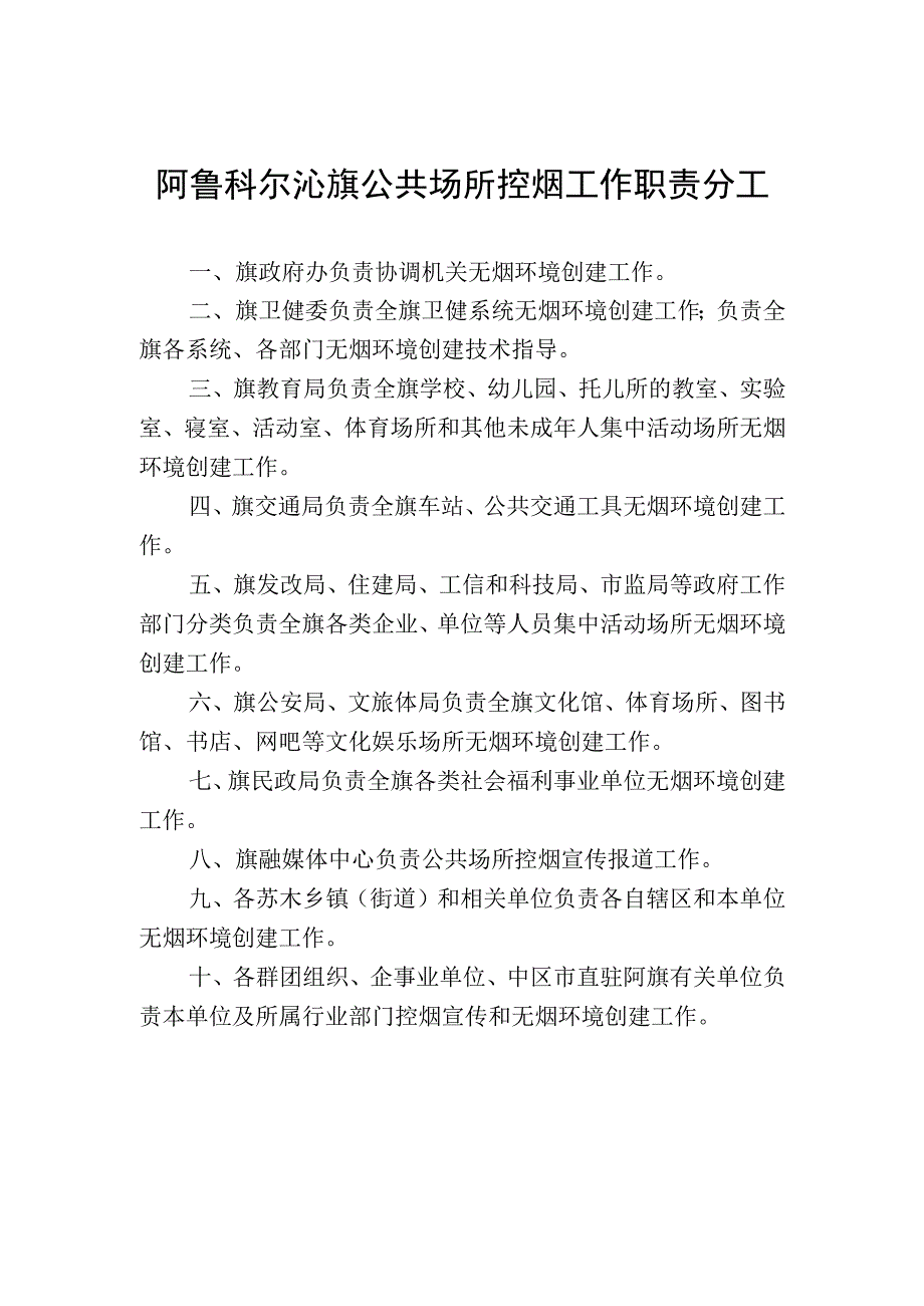 阿鲁科尔沁旗公共场所控烟工作职责分工.docx_第1页