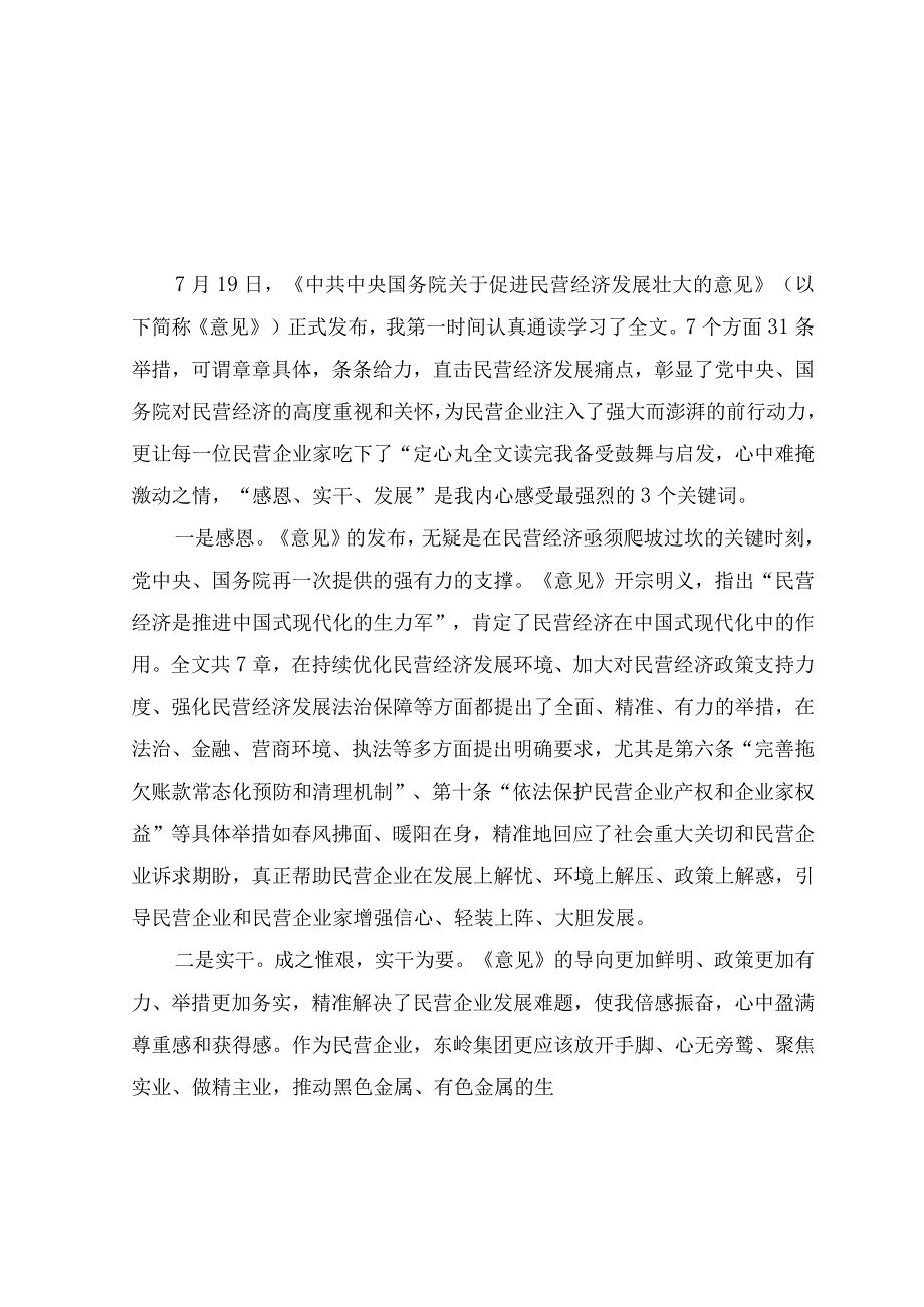 （9篇）2023年《关于促进民营经济发展壮大的意见》学习心得体会研讨发言感悟.docx_第1页