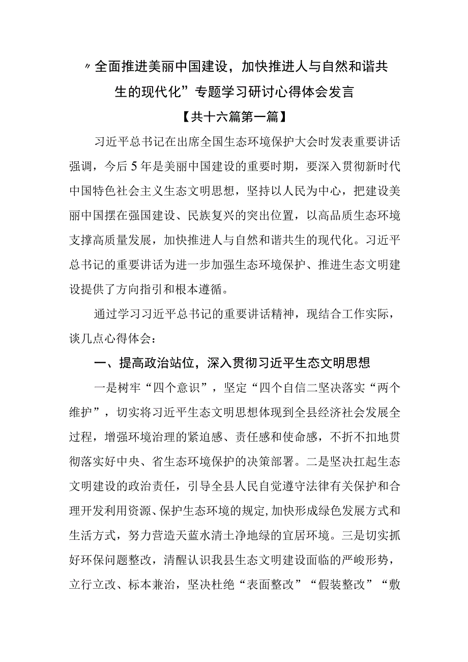 （16篇）“全面推进美丽中国建设加快推进人与自然和谐共生的现代化”专题学习研讨心得体会发言.docx_第1页