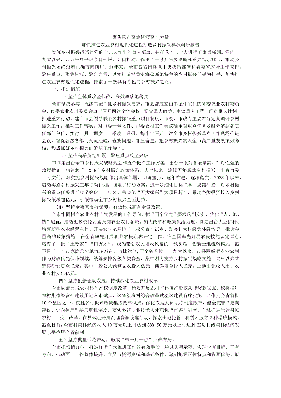 聚焦重点 聚集资源 聚合力量 加快推进农业农村现代化进程打造乡村振兴样板调研报告.docx_第1页