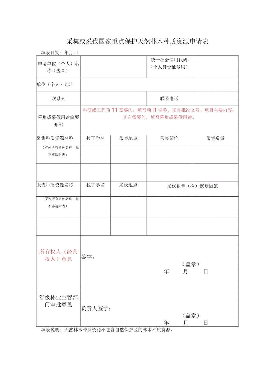 采集或采伐国家重点保护林木天然林木种质资源 申请表(1).docx_第1页