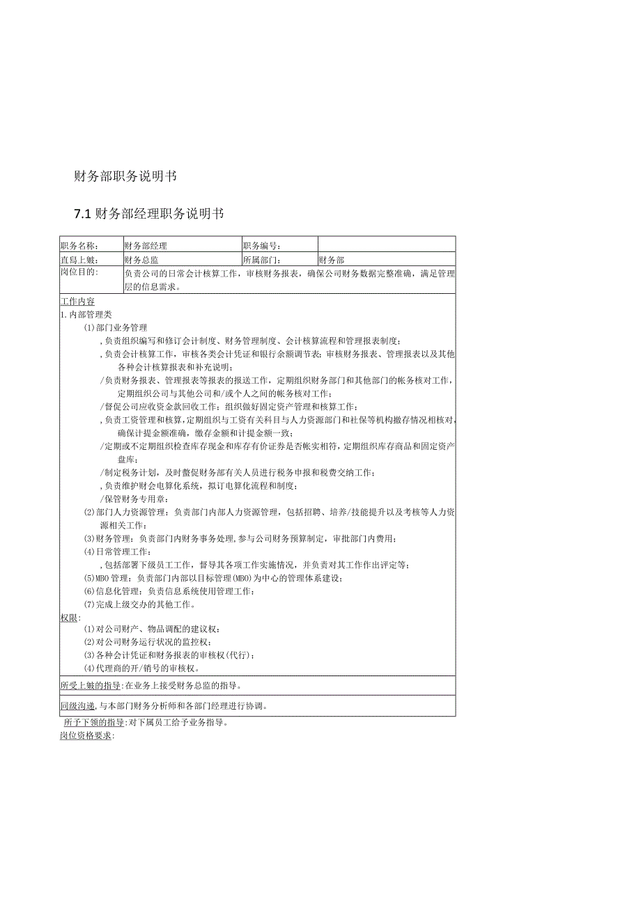 财务部职务说明书1财务部经理职务说明书.docx_第1页