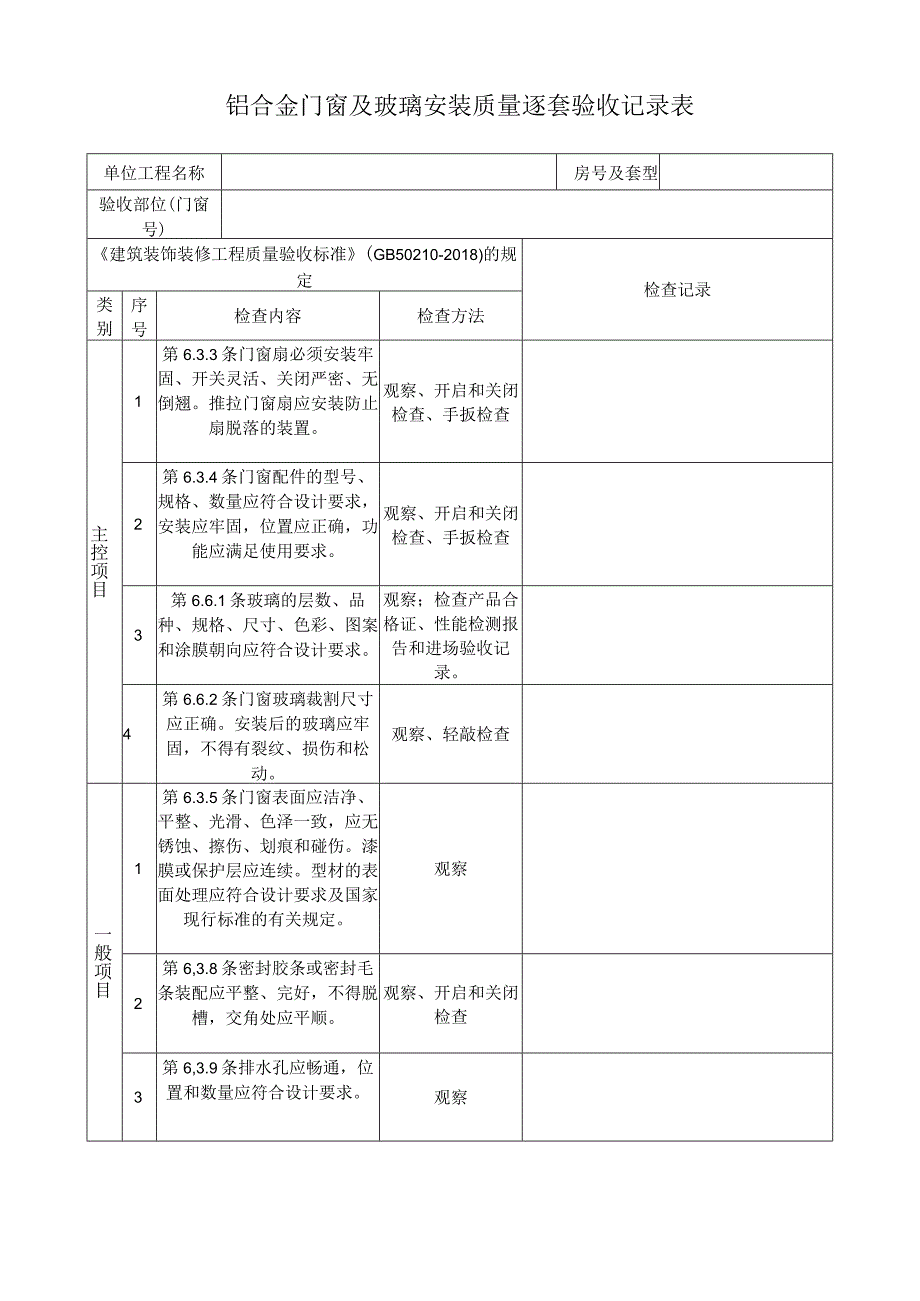 铝合金门窗及玻璃安装质量逐套验收记录表.docx_第1页