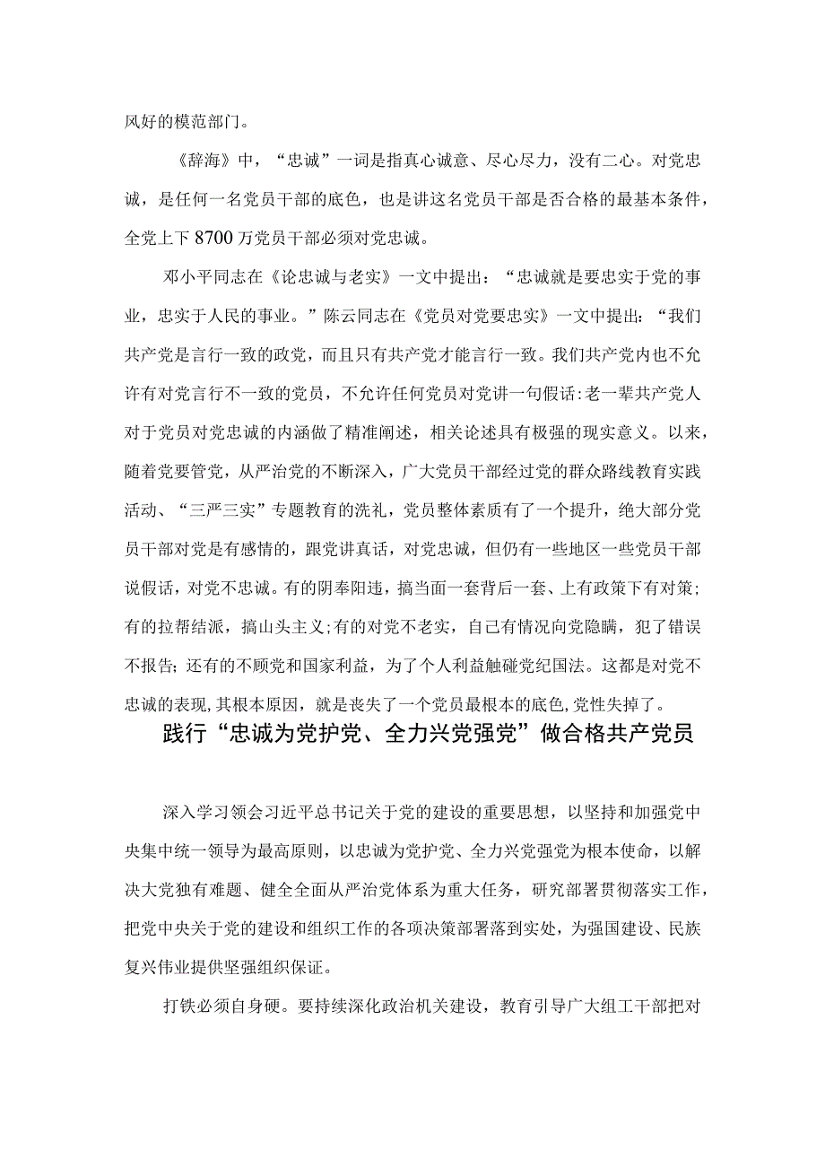 2023年“忠诚为党护党、全力兴党强党”学习心得体会研讨发言材料【七篇精选】供参考.docx_第3页