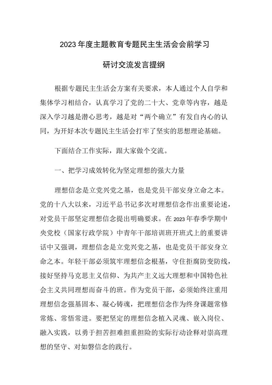 2023年主题教育专题民主生活会会前学习研讨发言材料两篇范文.docx_第1页