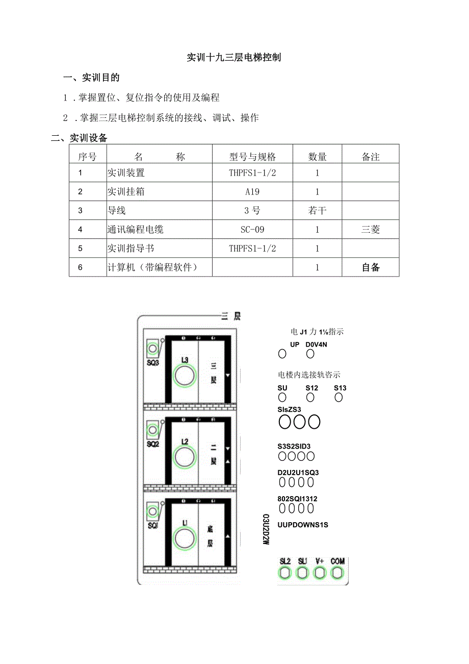 PLC基本技能实操——实训十九 三层电梯控制.docx_第1页